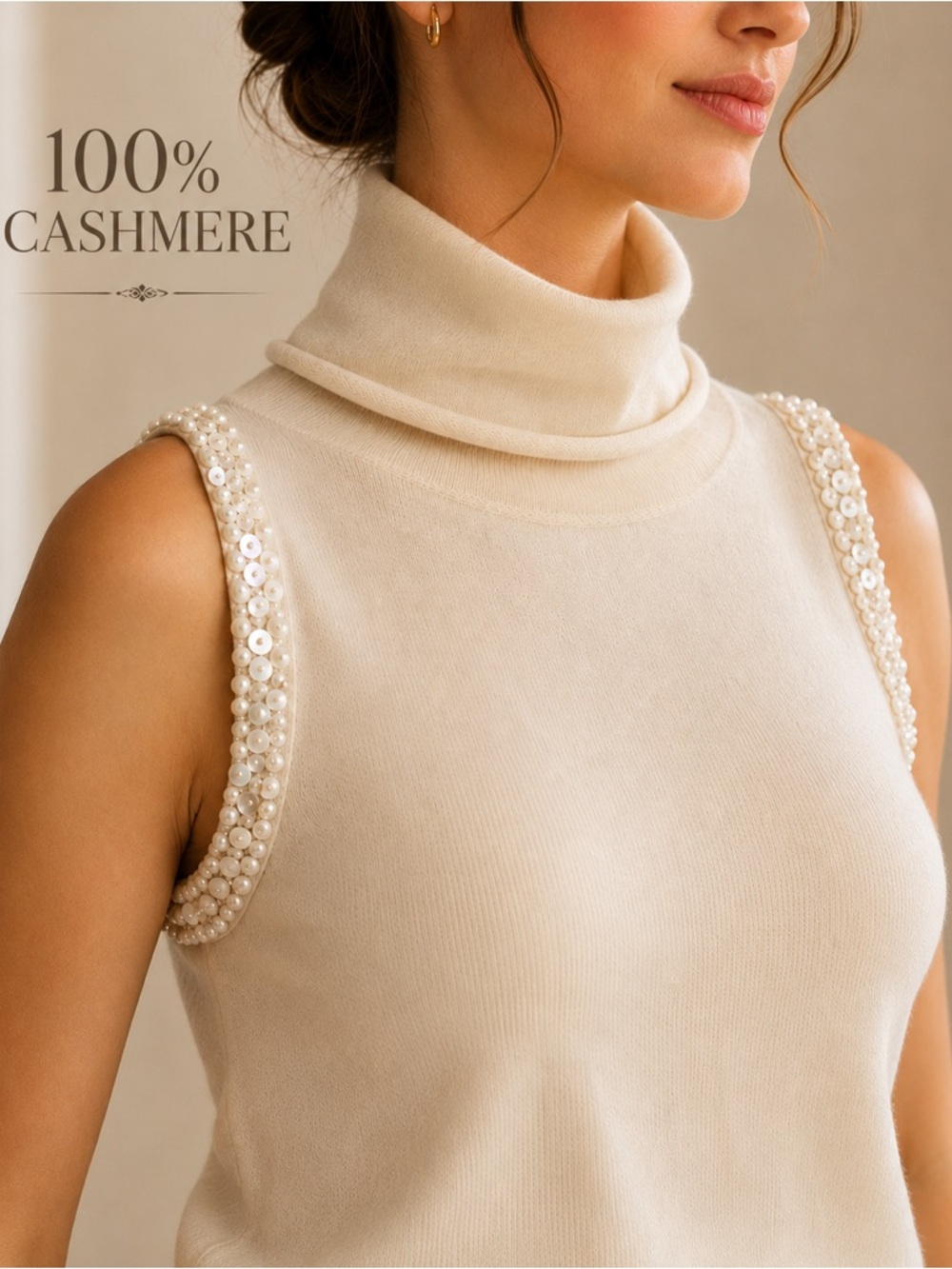 Thalia 100% Cashmere Sleeveless Turtleneck Sweater Pearl Sequin Trim Size S